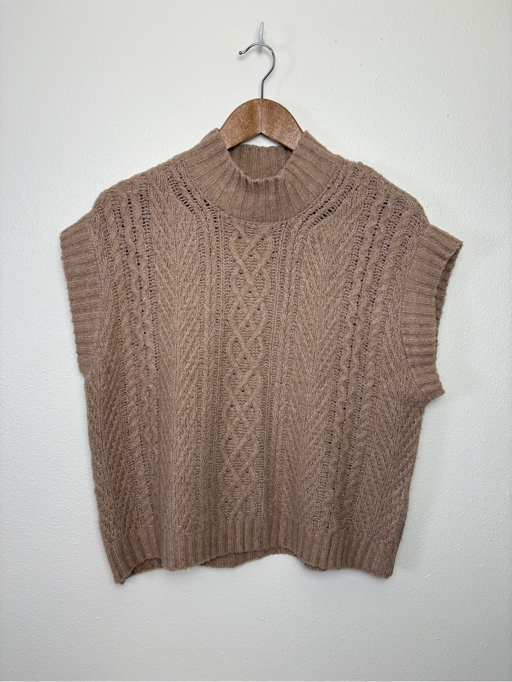 Sleeveless Cable Knit Mock Neck Top Light brown preppy cozy fall